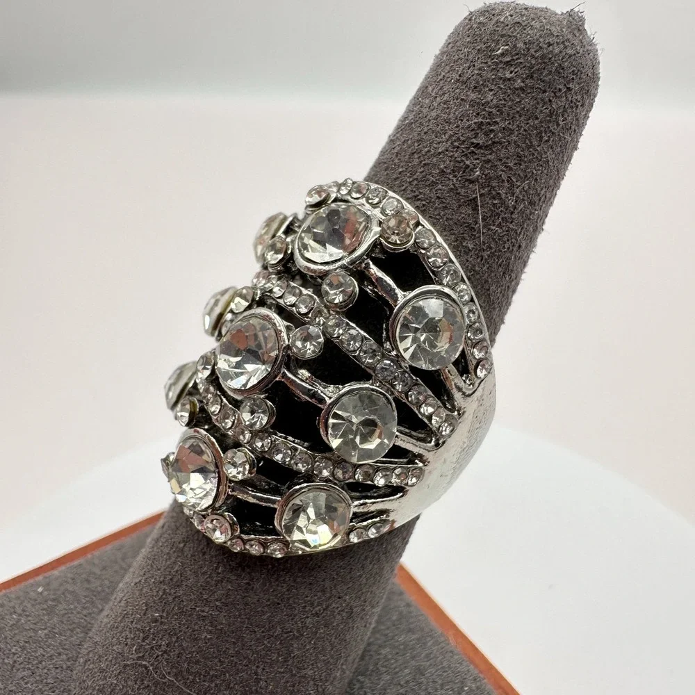 Vintage Y2K Silver Tone Multi-Tier Rhinestone Ring Women's Jewelry